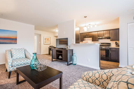 Open living room kitchen and dining area at Brook View Apartments, Baltimore, Maryland