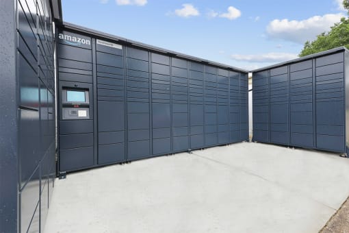 a row of Amazon lockers at Kenilworth at Perring Park Apartments, Parkville, MD 21234