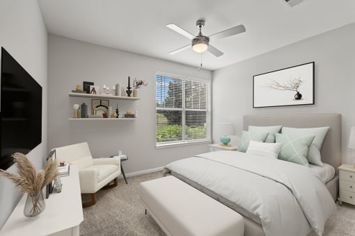 a bedroom with a large bed and a ceiling fan at Fortress Grove, Murfreesboro