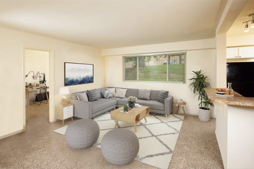 Living room with large windows  at Cardiff Hall Apartments, Maryland