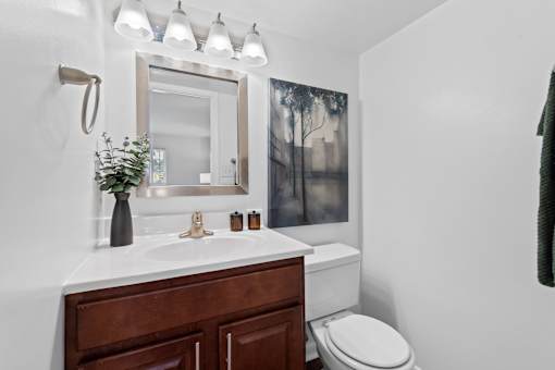 a bathroom with a sink and a toilet and a mirror at Courthouse Square Apartments, Towson, MD