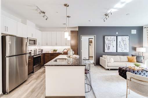 kitchen and living room at Dartmoor Place at Oxford Square Apartments, Hanover