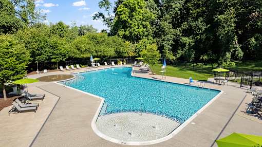 a swimming pool with chairs and umbrellas in a park-like setting with trees at Courthouse Square Apartments, Maryland