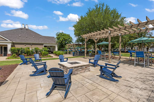 FIrepit with blue chairs surroundingat Fortress Grove, Murfreesboro, Tennessee