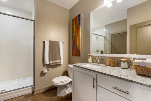 Bathroom with shower at 1010 Dilworth Apartments, Charlotte, NC