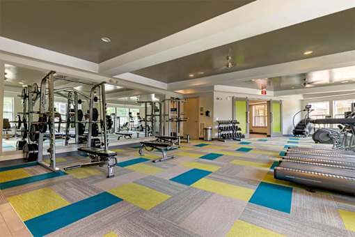 Fitness center with strength and cardio equipment at 1010 Dilworth Apartments, Charlotte North Carolina