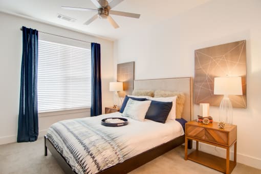 Bedroom With Ceiling Fan at Millworks Apartments, Atlanta, GA