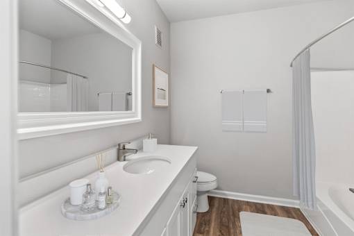A white bathroom with a sink, mirror, toilet, and bathtub at Sweetgrass Landing, Mount Pleasant, South Carolina, 29466