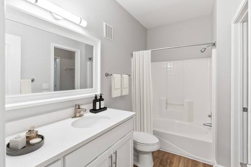 A white bathroom with a sink, mirror, toilet, and bathtub at Sweetgrass Landing, Mount Pleasant, SC, 29466