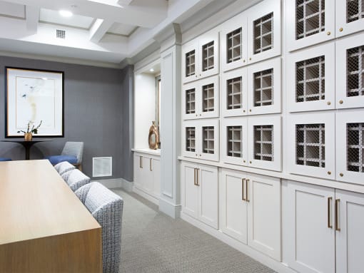 Wall of wine lockers at St Mary's Square North Apartments, North Carolina