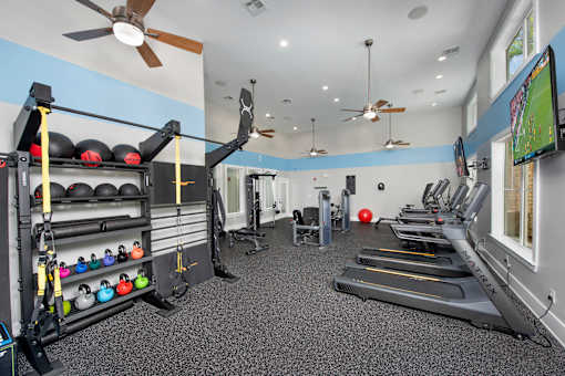 A gym with treadmills, weights, and exercise equipment.
