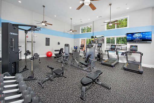 A spacious gym with a variety of equipment including treadmills, weights, and exercise machines.