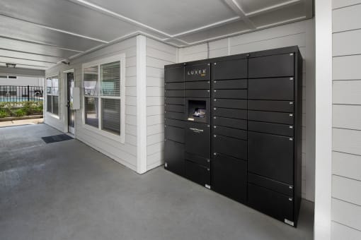 a row of lockers in front of a building