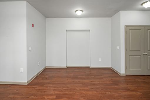 A room with a wooden floor and a white door.