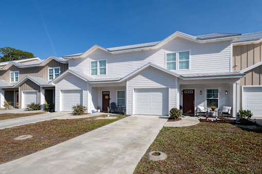 A row of houses with a clear blue sky above them.