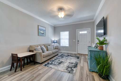 A living room with a couch, a table, a rug, and a plant.