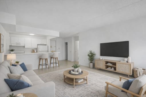 A modern living room with a grey sofa, a wooden coffee table, and a black television.