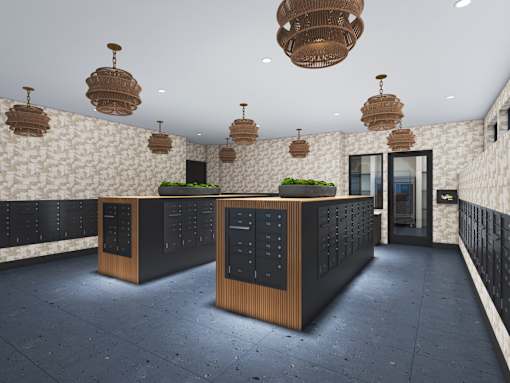 A reception area with a black counter and a wall with a stone pattern.