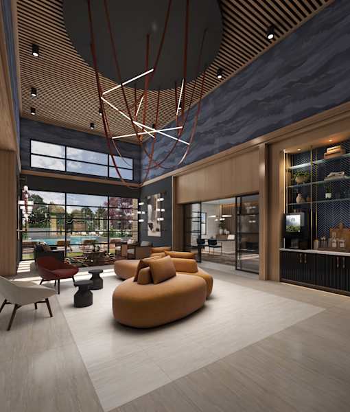 A modern living room with a large window, a yellow sofa, and a wooden ceiling.
