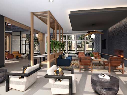 A modern living room with a fireplace and comfortable seating.