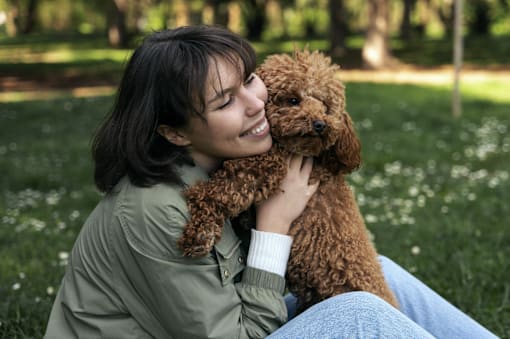 A woman is hugging a brown dog in a park.