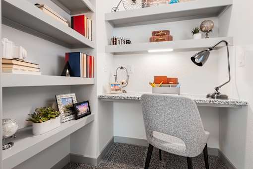 A grey chair is in front of a desk with a lamp and a plant.