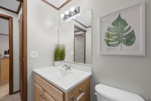 A bathroom with a white sink and a mirror above it.