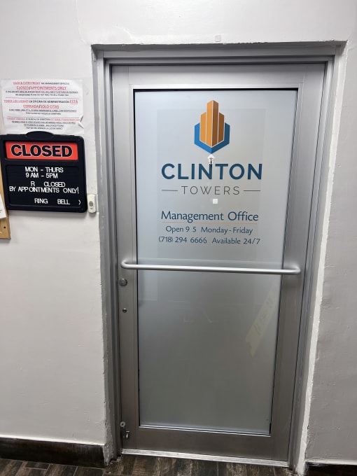 the door to the towers management office is closed at Clinton Towers, New York, 10457