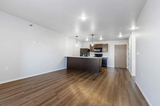 A kitchen with a wooden floor and a counter.
