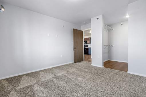 A room with a carpeted floor and a doorway leading to another room.