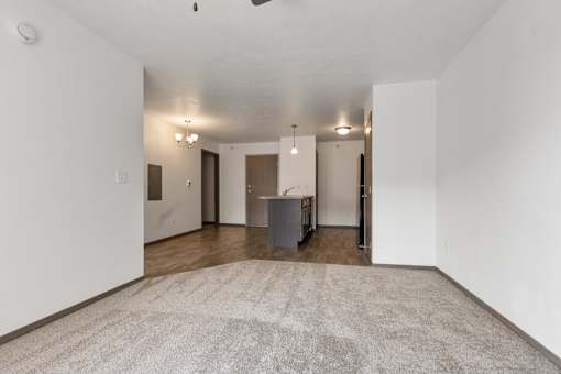 A room with a carpet on the floor and a table with chairs in the middle.