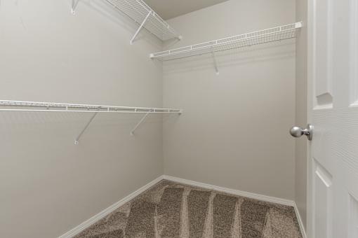 A white closet with a carpeted floor and a white door.