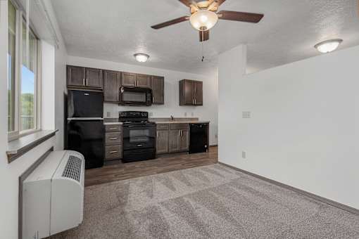 A kitchen with a black fridge, microwave, and oven.
