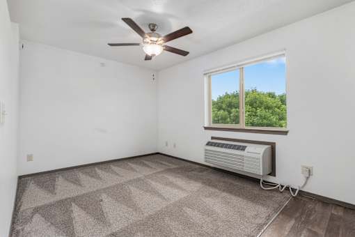 A room with a ceiling fan, a window, and a rug on the floor.