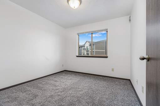 A room with a carpeted floor and a window showing a building outside.