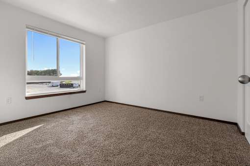 A room with a carpeted floor and a large window.
