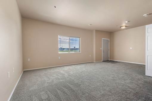 A large empty room with a carpeted floor and a window.