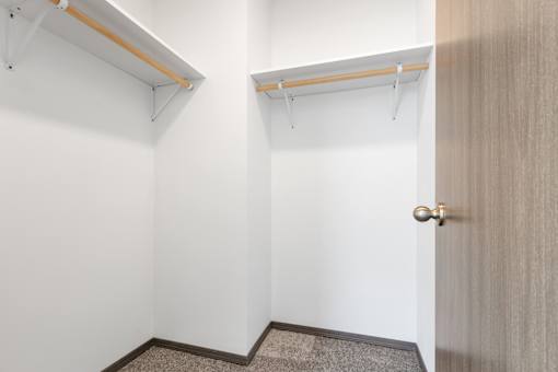 A room with a door, a carpet and a shelf.