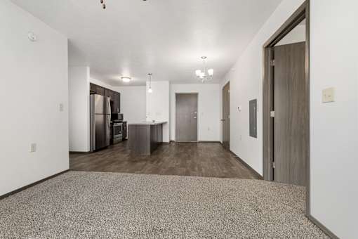 A spacious room with a carpeted floor and a kitchen area in the background.