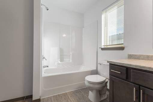 A white toilet sits next to a bathtub in a bathroom.