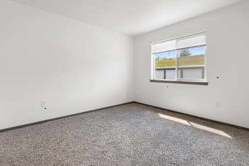 A room with a carpeted floor and a window showing a grassy field outside.
