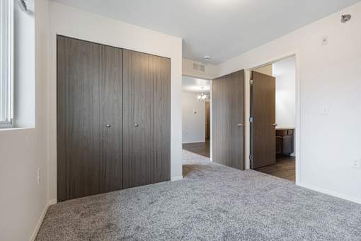 A room with a grey carpet and a wooden wardrobe.