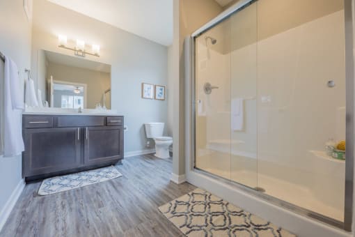 Modern bathroom featuring white oak vanity and walk-in shower