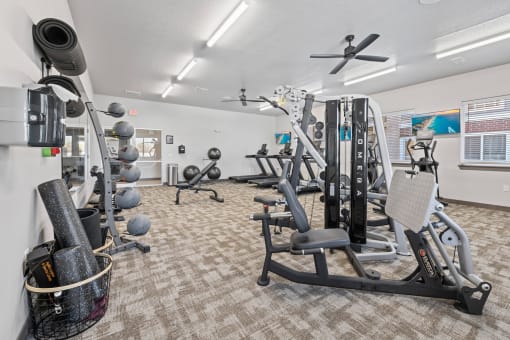 Modern gym with rows of cardio equipment.