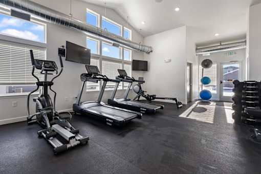 A gym with treadmills, elliptical machines, and a television.