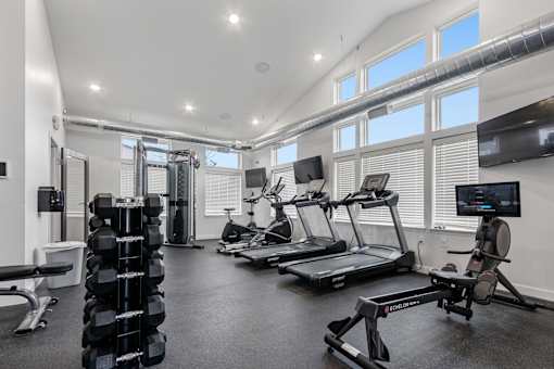 A spacious gym with a variety of equipment including treadmills, weights, and a rowing machine.