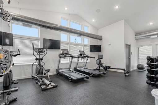 A spacious home gym with various exercise equipment and a television.