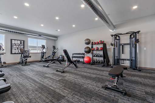 A gym with a variety of equipment including a bench, weights, and a squat rack.