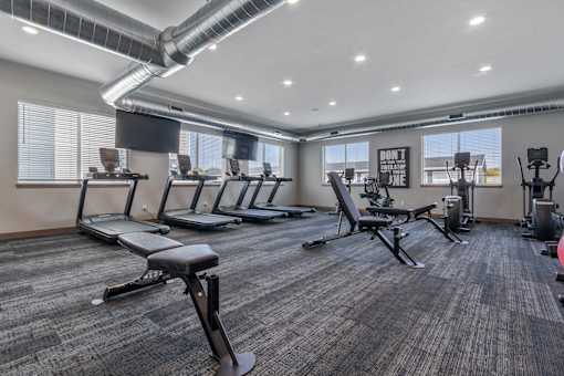 A gym with treadmills, exercise bikes, and other equipment.