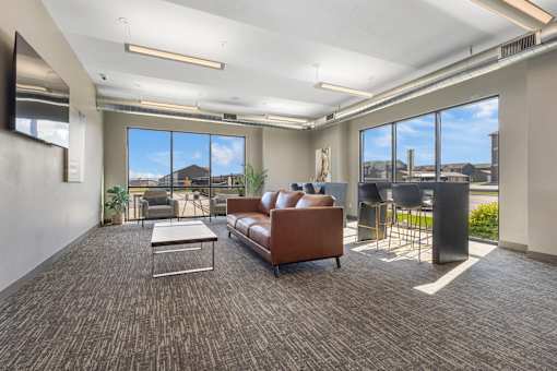 A spacious living room with a brown sofa and a grey carpet.
